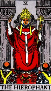 The Great Hierophant or Pope wearing triple crown rather than horns of Isis